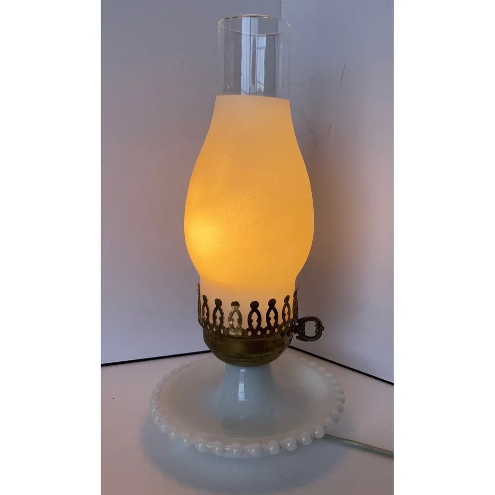 Vintage Hobnail Milk Glass Hurricane Lamp Frosted Chimney Brass Crown Gallery